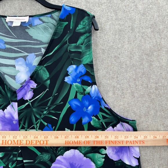 Stan Herman 2X Floral Sleeveless V Neck‎ Slinky Midi Dress Blue Purple Pockets - Picture 8 of 9